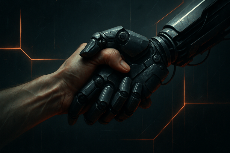 A human and a robot shaking hands